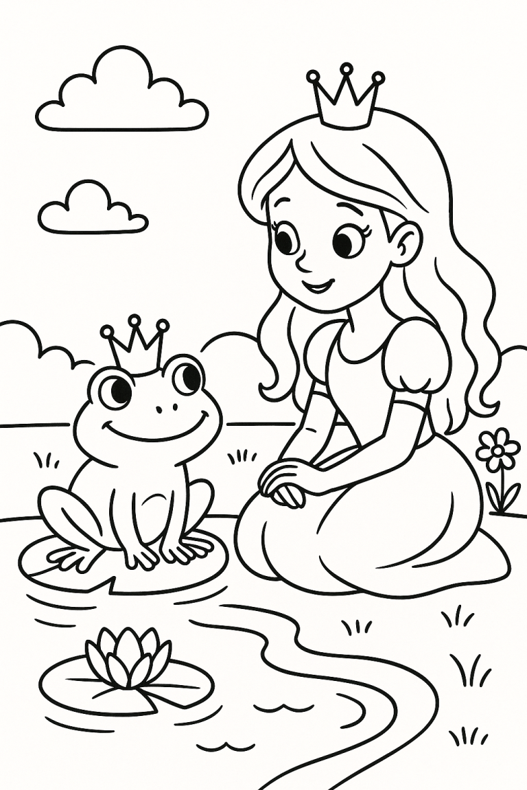 Princess and frog by a pond coloring page