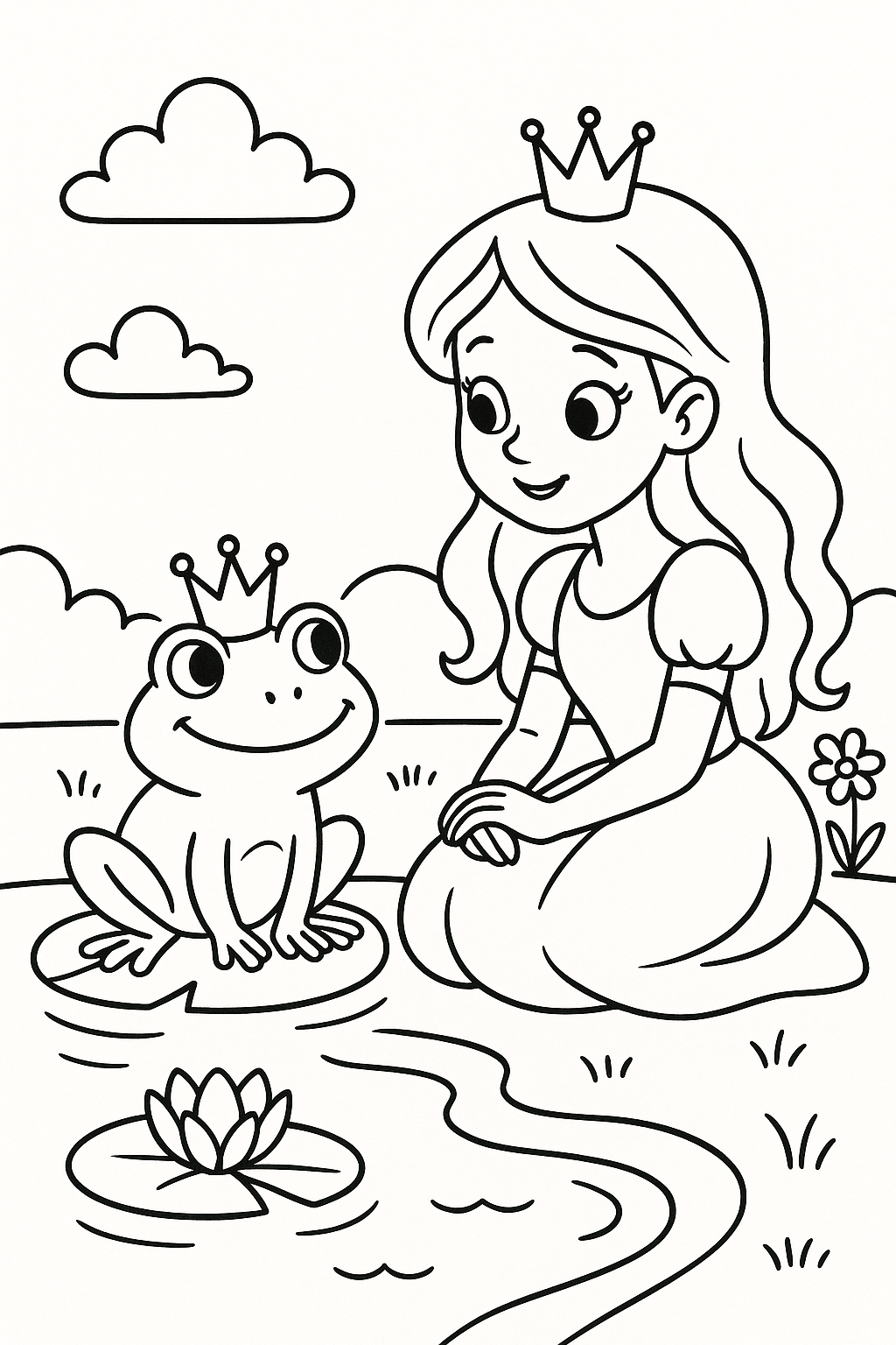 Princess and frog by a pond coloring page