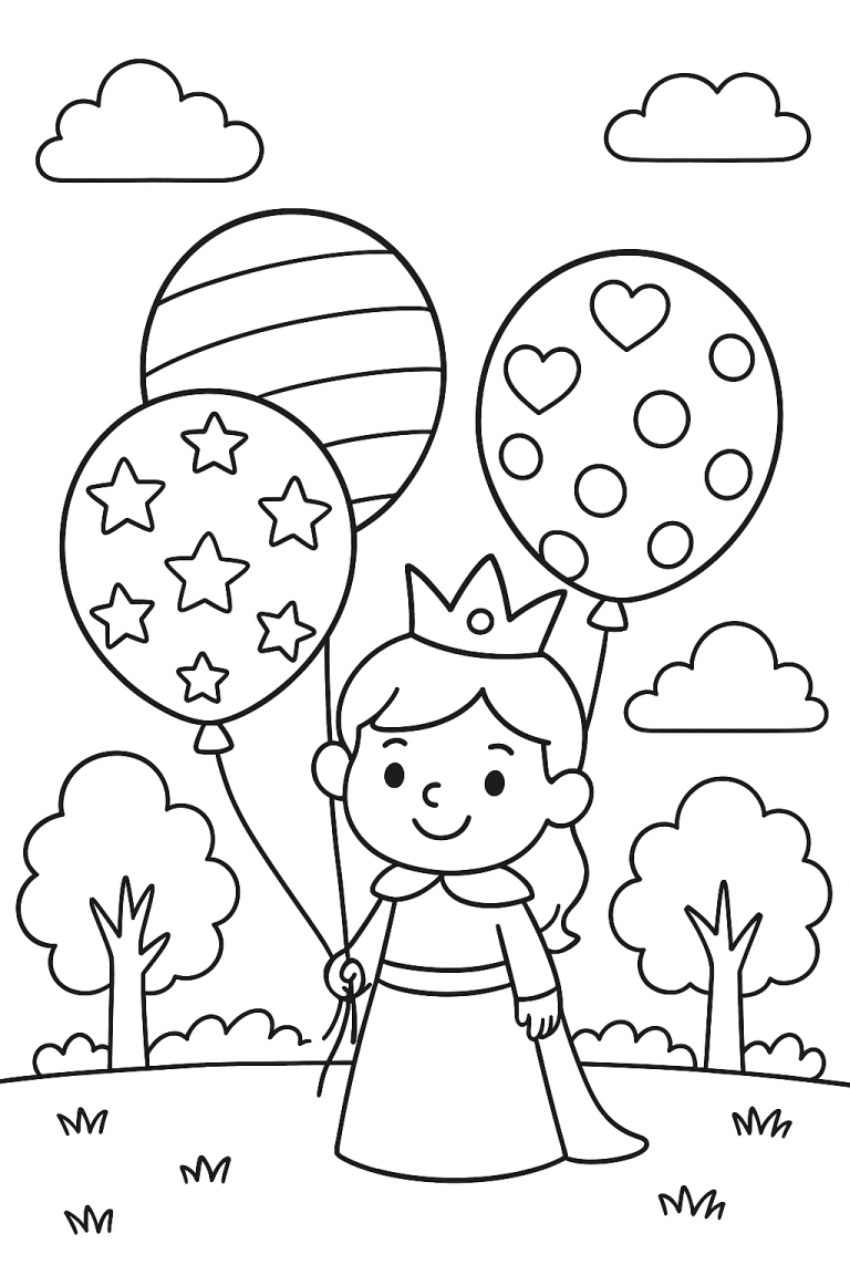 Princess with balloons coloring page