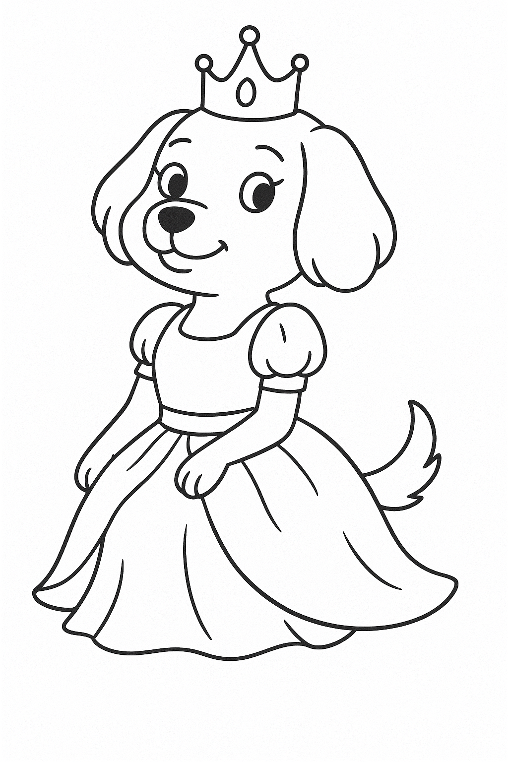Dog dressed as a princess on a coloring page