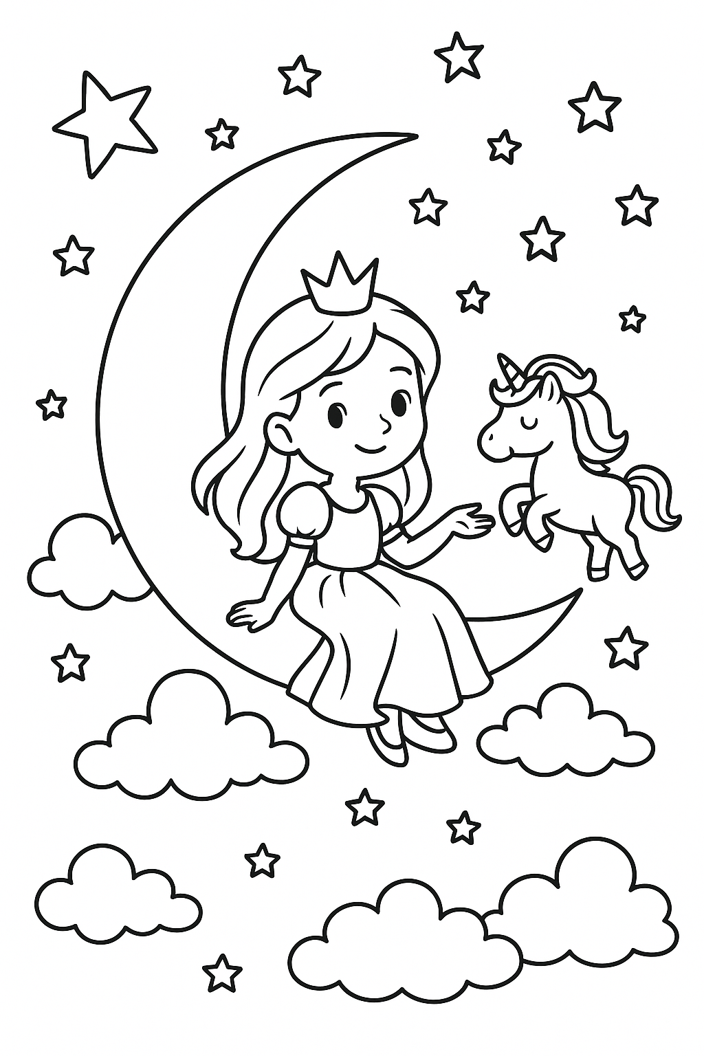 Coloring page of a princess on a moon with a unicorn.