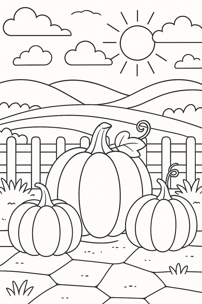 Pumpkin coloring page with sun and hills