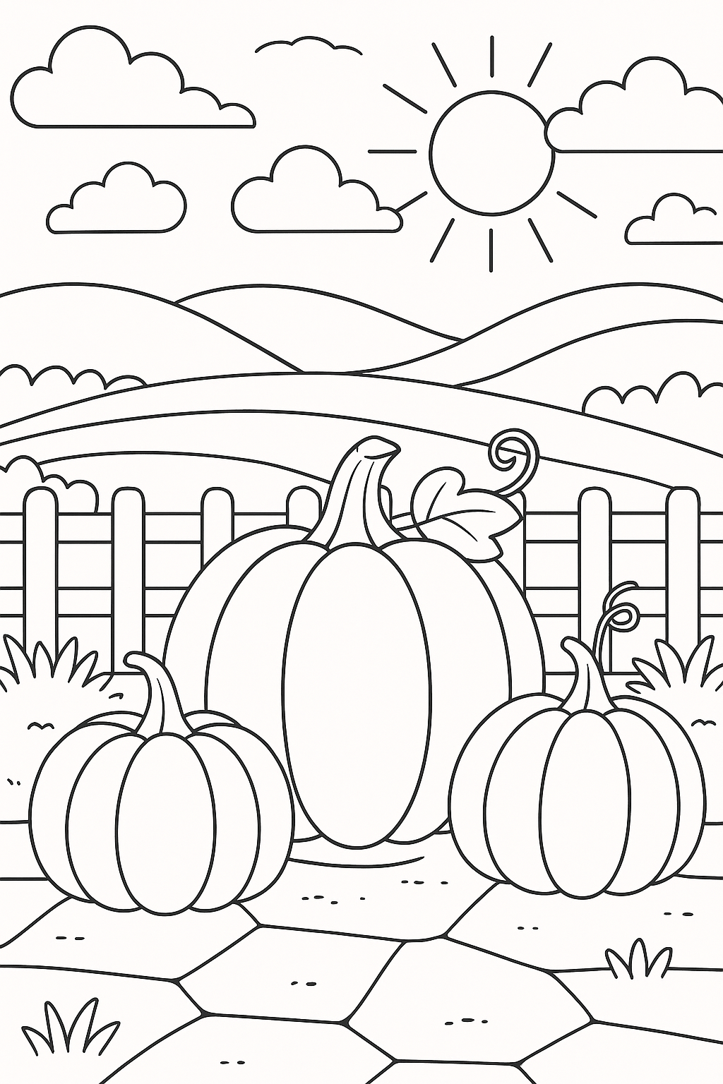 Pumpkin coloring page with sun and hills