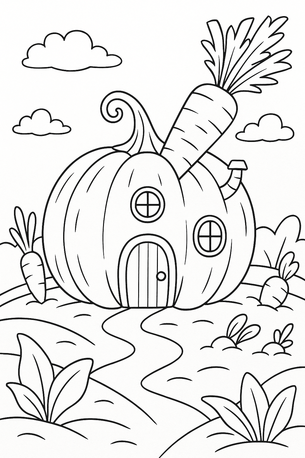 Cute pumpkin house with carrot chimney in fantasy landscape