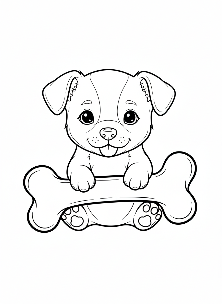 Cute puppy with a large bone coloring page