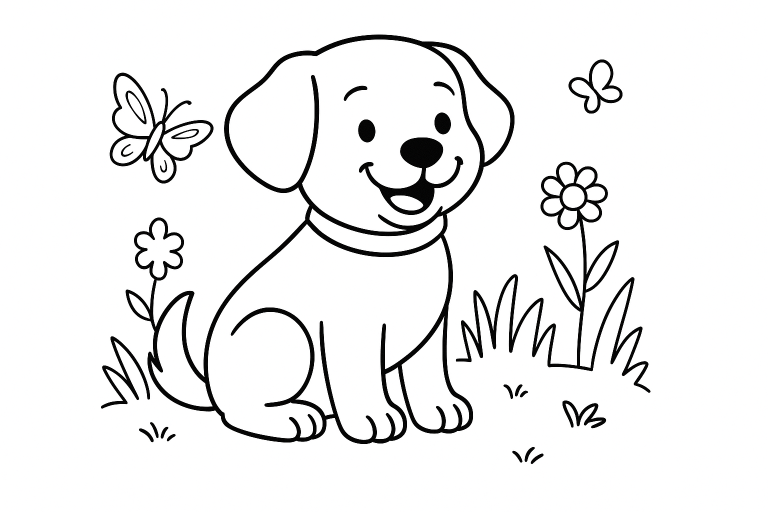 Puppy coloring page with butterflies and flowers