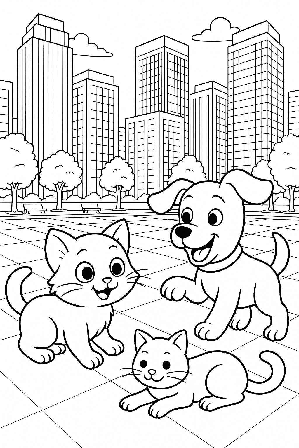 Coloring page with a puppy and kittens in a city park