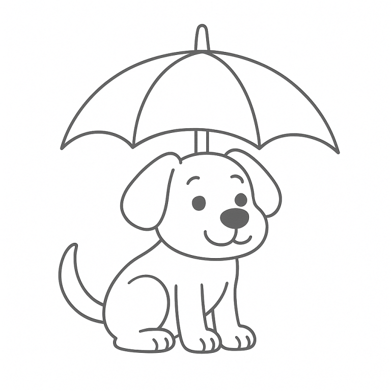 Cute illustration of a puppy sitting with an umbrella.