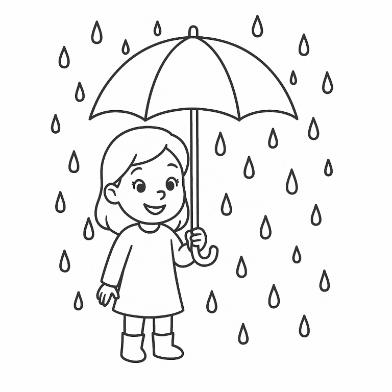 Child holding umbrella in rain coloring page