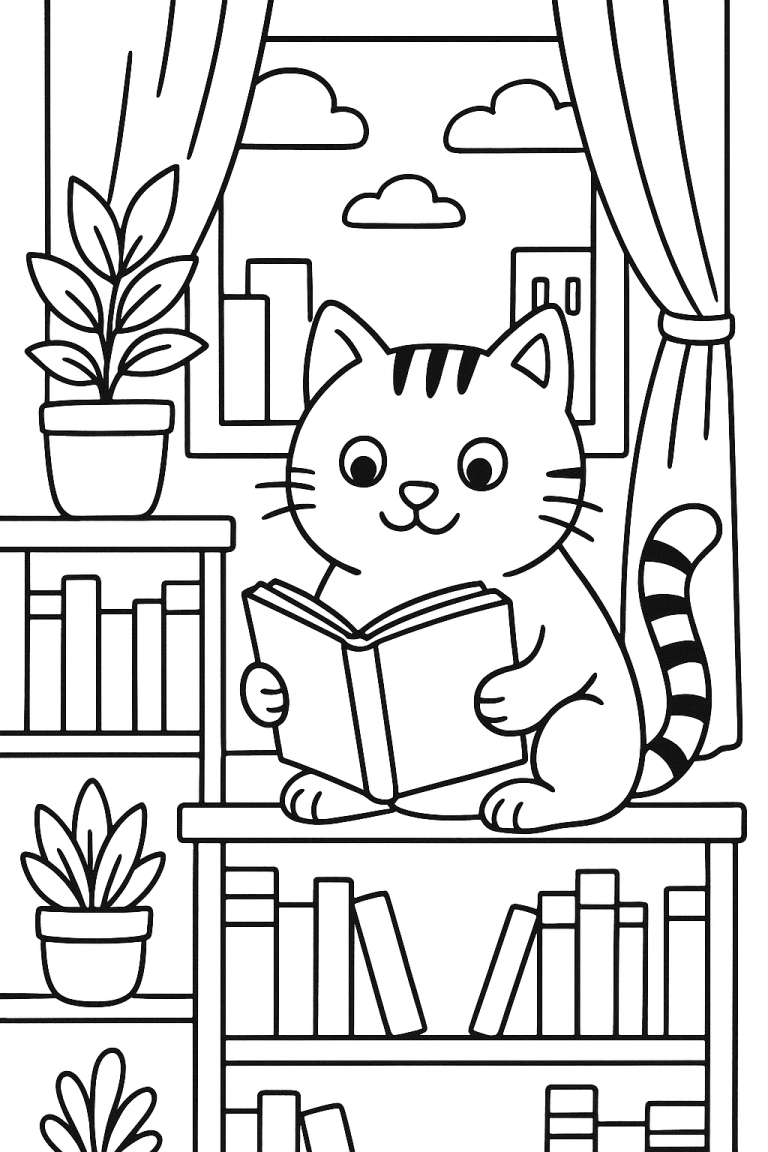A coloring page of a cat reading a book on a bookshelf.