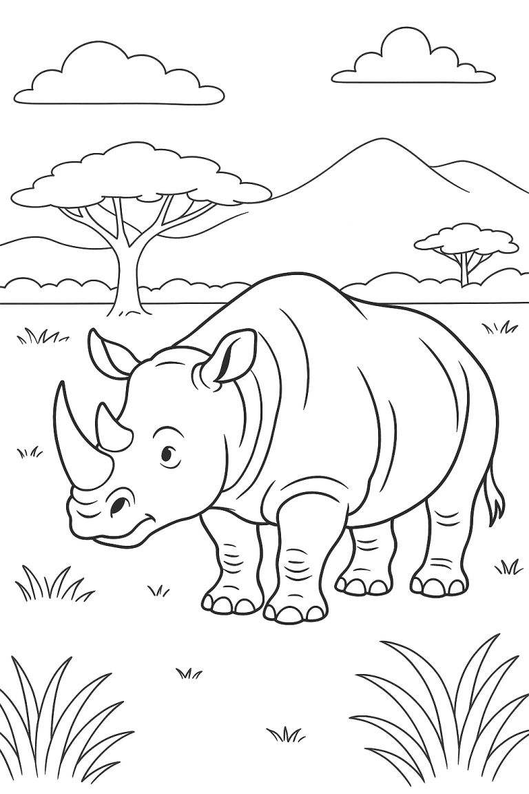 Rhino coloring page set in a savanna landscape