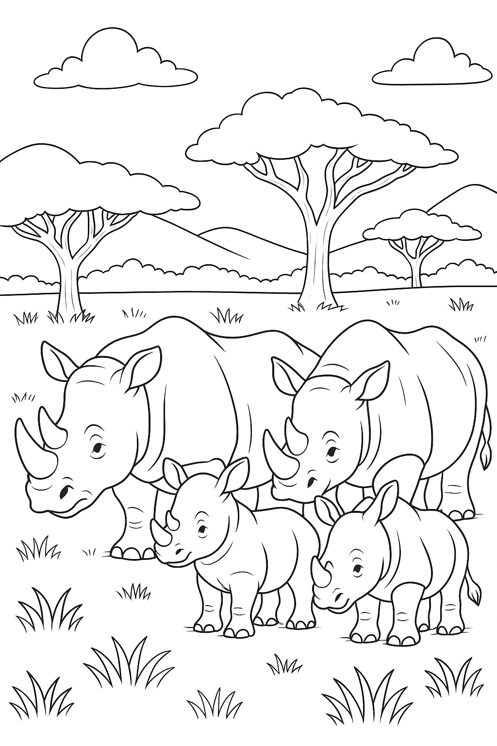 Rhino family in a grassy landscape coloring page