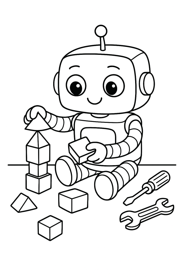 playful robot coloring page with blocks