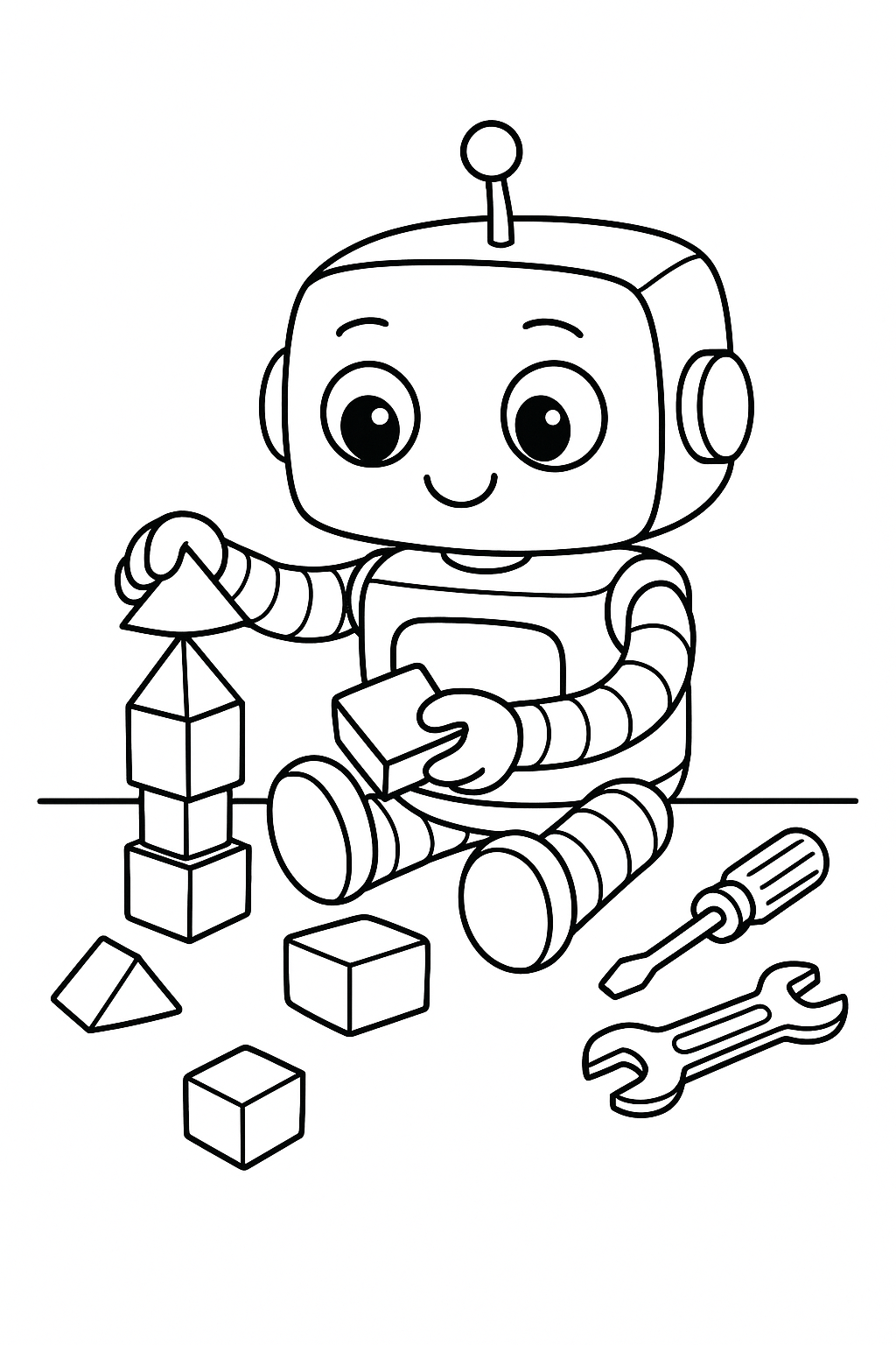 playful robot coloring page with blocks