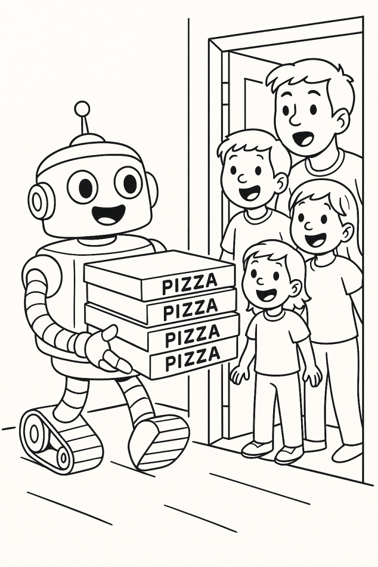 Robot delivering pizzas to a family on coloring page