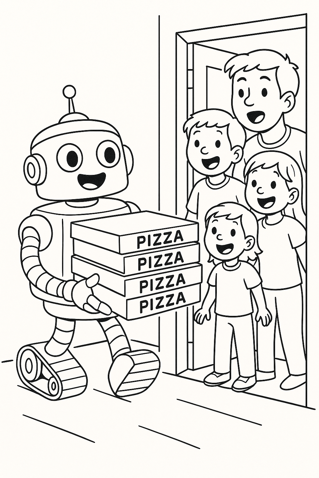Robot delivering pizzas to a family on coloring page
