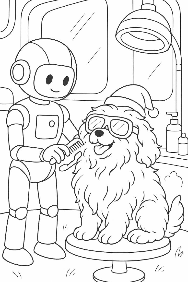 Robot grooming a dog in a playful scene