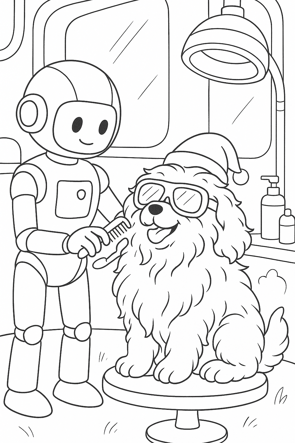 Robot grooming a dog in a playful scene