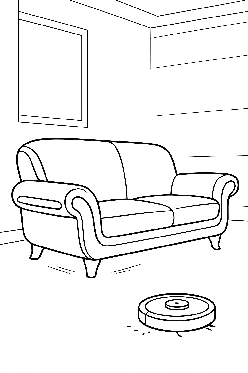 Coloring page of a modern living room with a robot vacuum