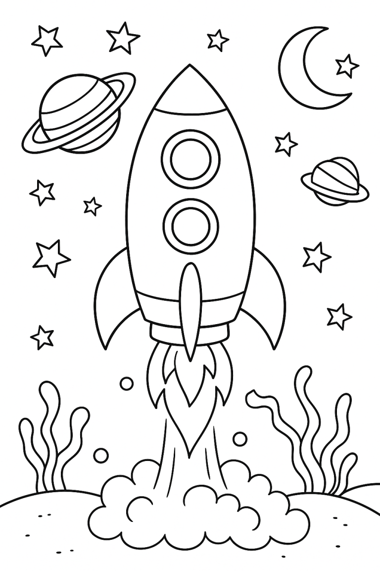 Rocket blasting off with planets and stars