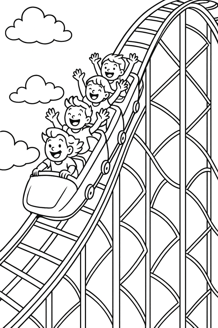 Children enjoying a roller coaster ride coloring page