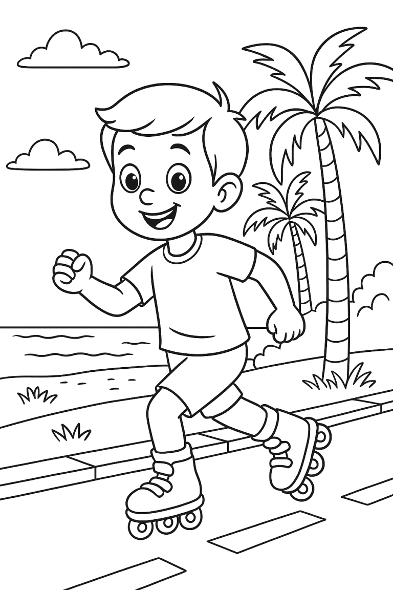 Child roller skating near beach on a sunny day