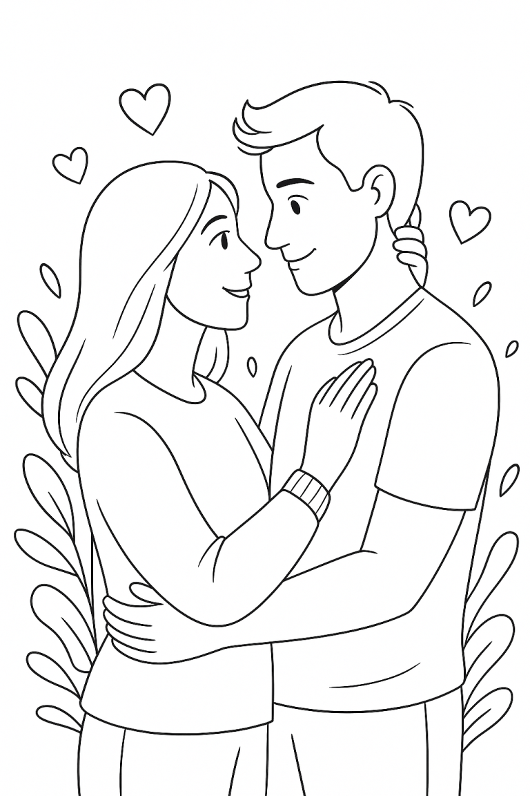 Coloring page of a romantic couple embracing