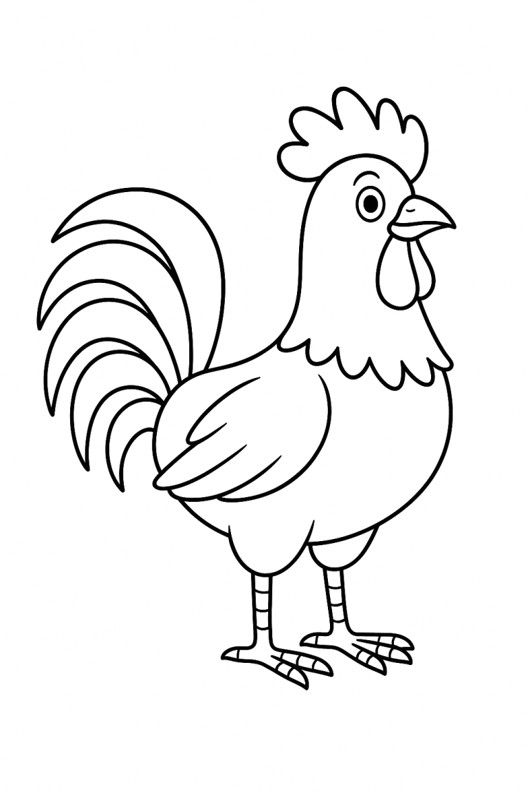 Black and white outline of a rooster for coloring