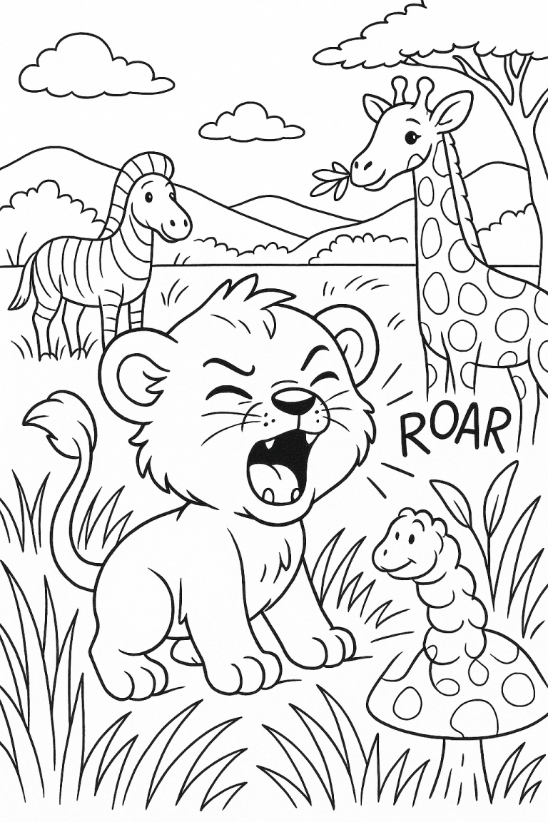 Coloring page of safari animals including a lion, giraffe, zebra, and snake