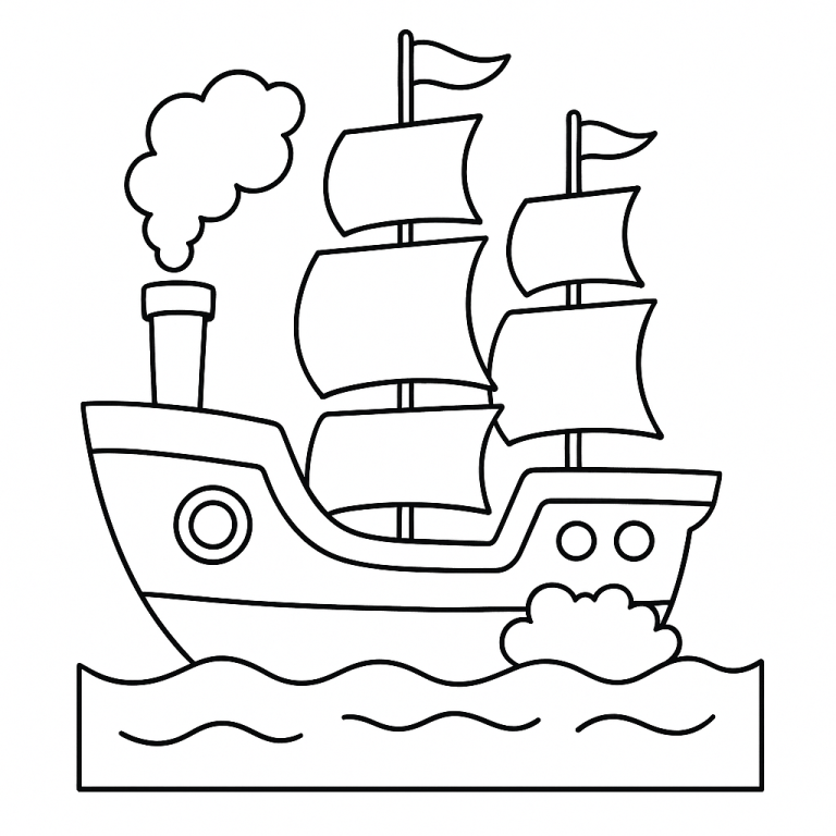 Coloring page of a classic sailing ship with sails and waves.