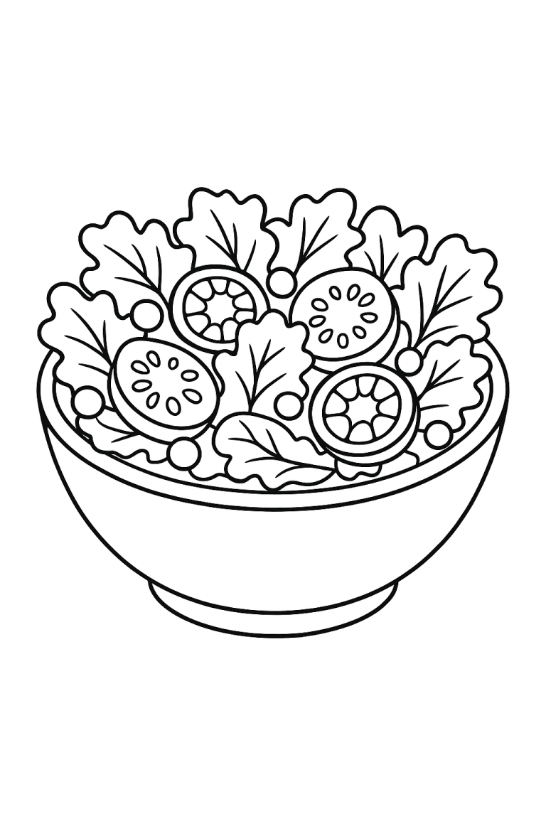 Salad coloring page with vegetables in a bowl.