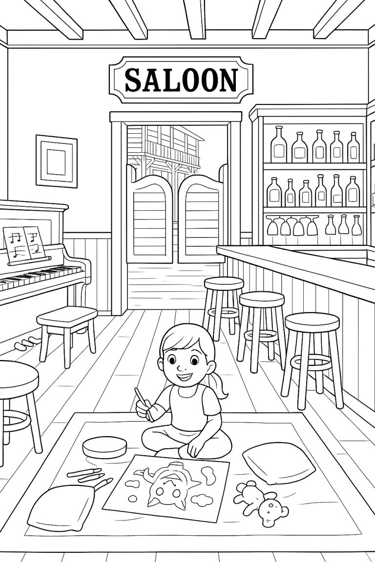 Child coloring in a Western saloon setting
