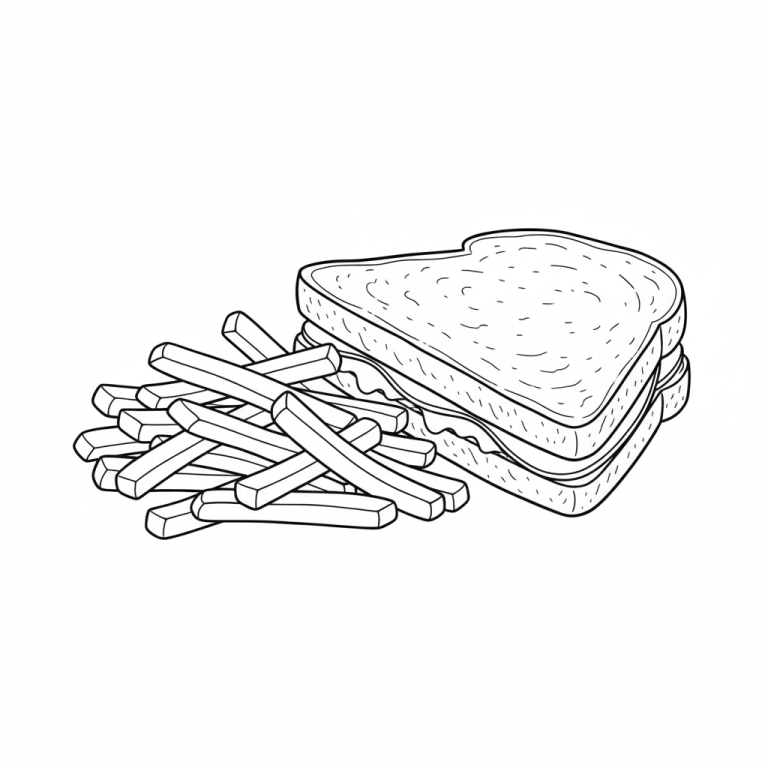 Coloring page with sandwich and fries