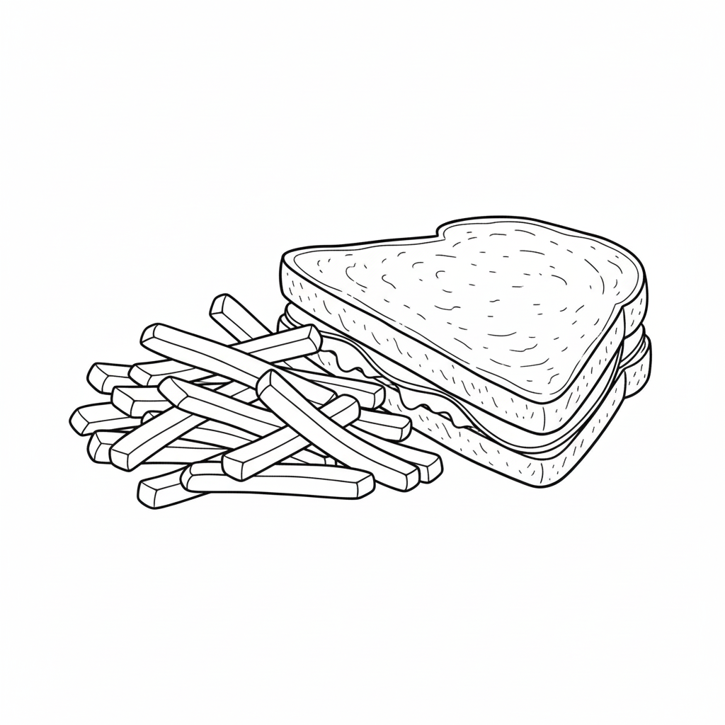 Coloring page with sandwich and fries