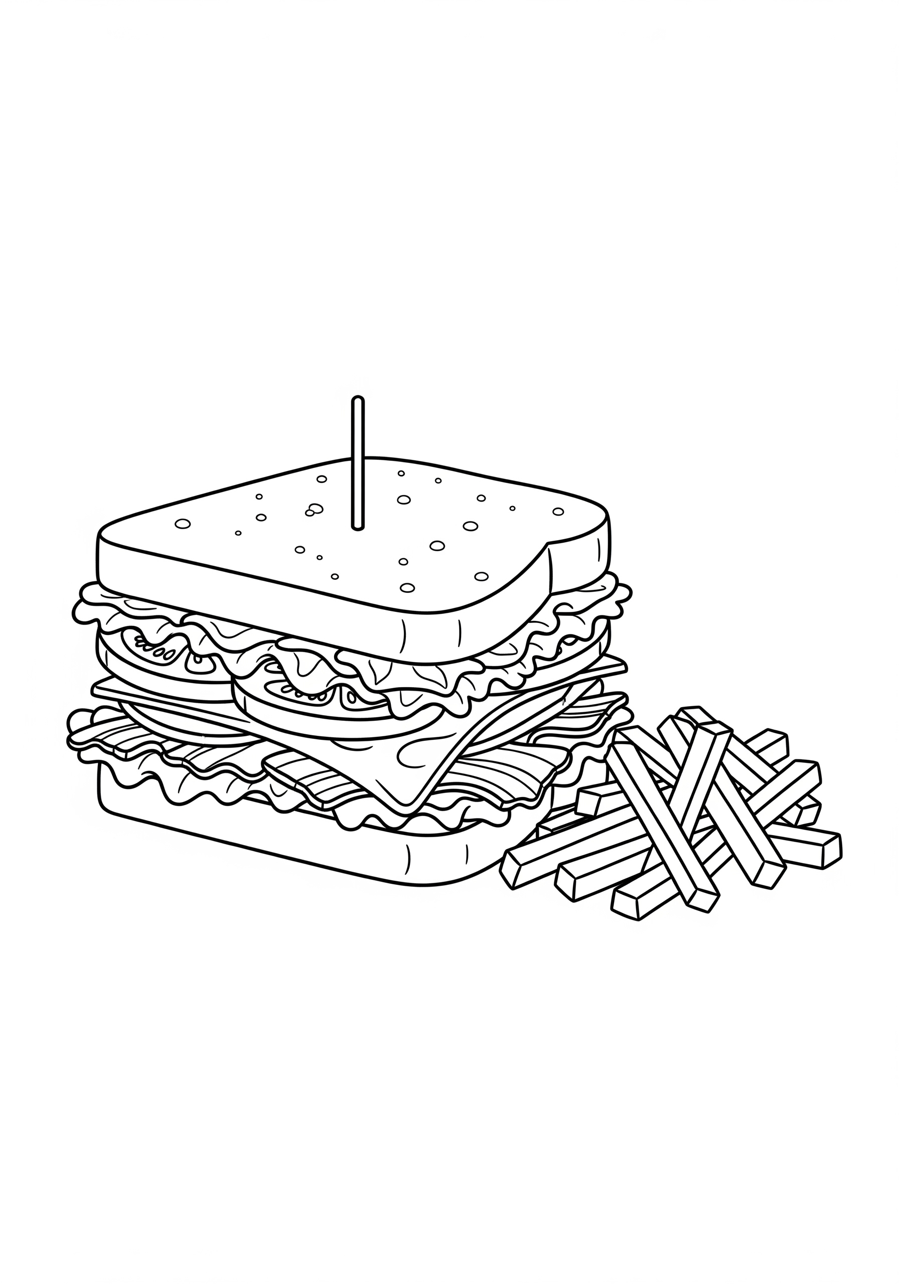 Line drawing of a sandwich and fries for coloring