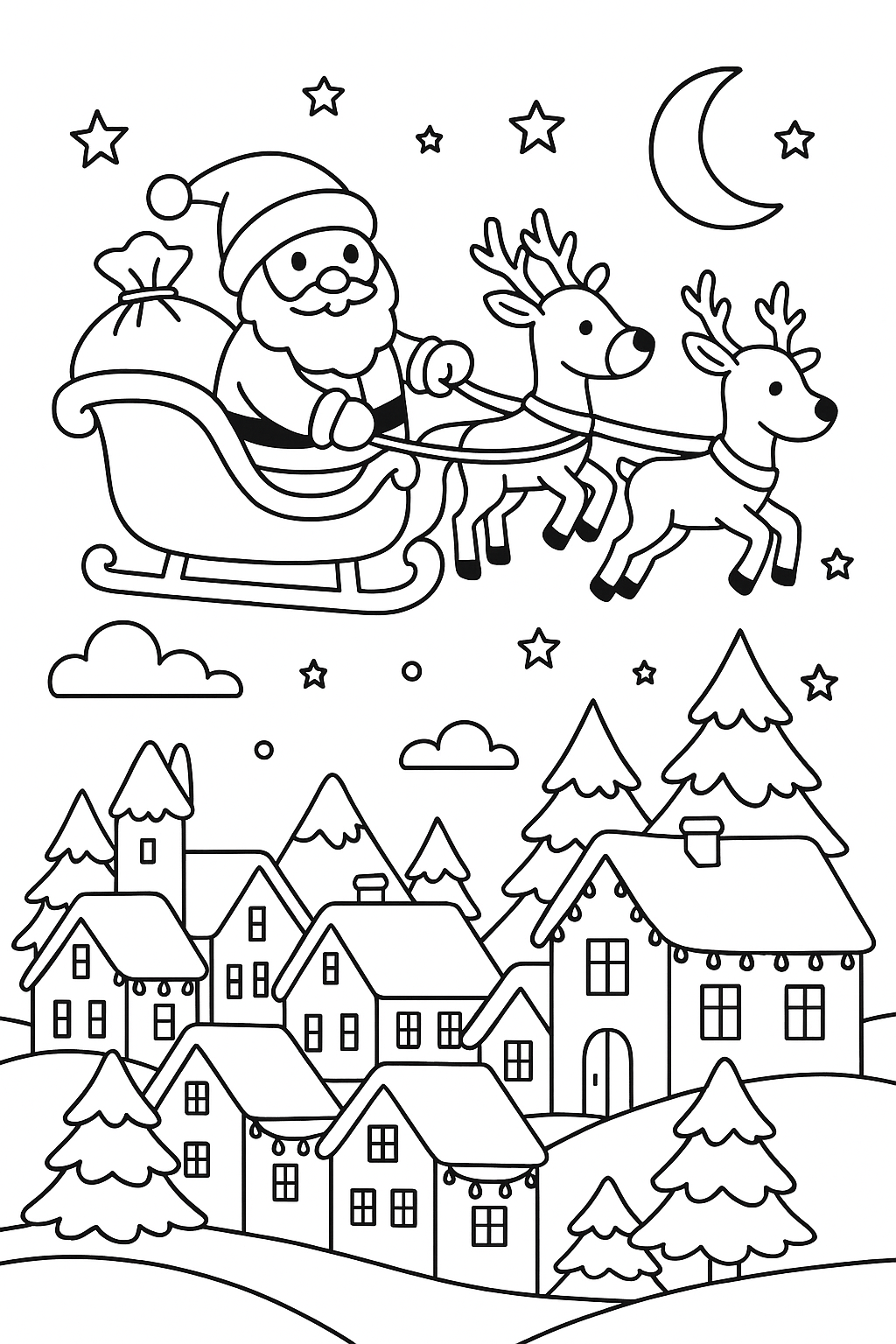 Santa Claus flying in sleigh with reindeer over village.