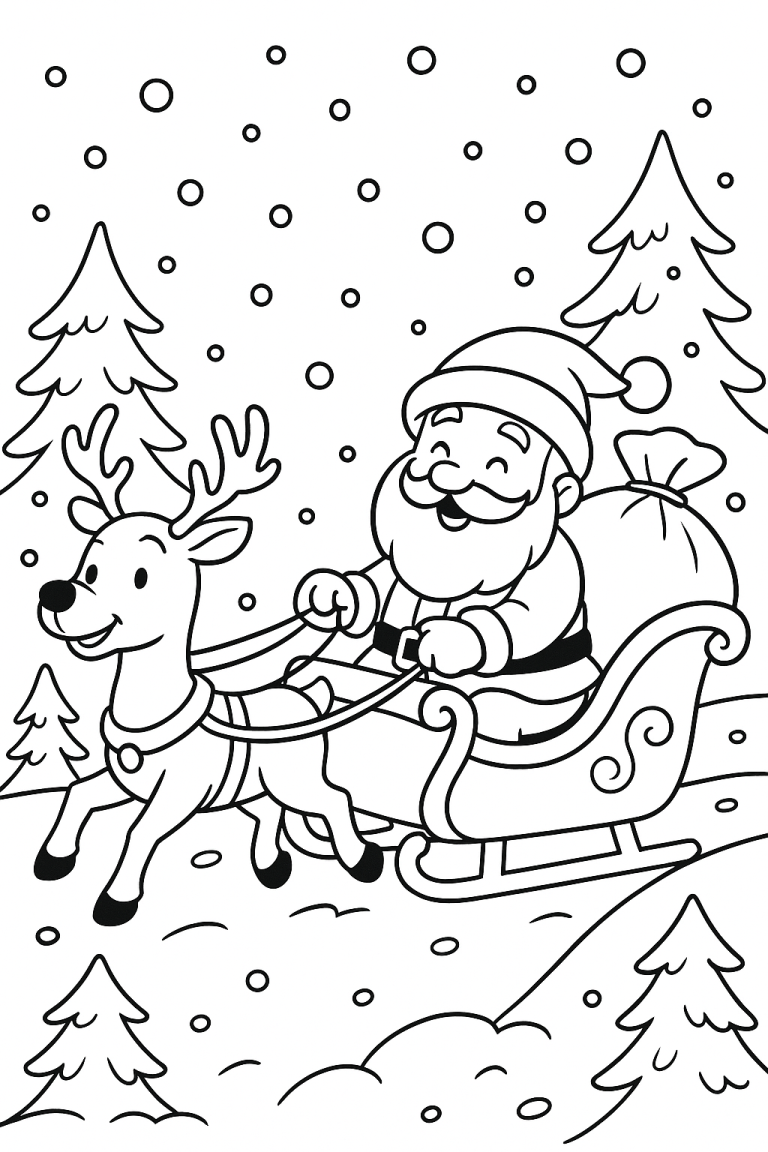 Santa Claus riding sleigh with reindeer coloring page