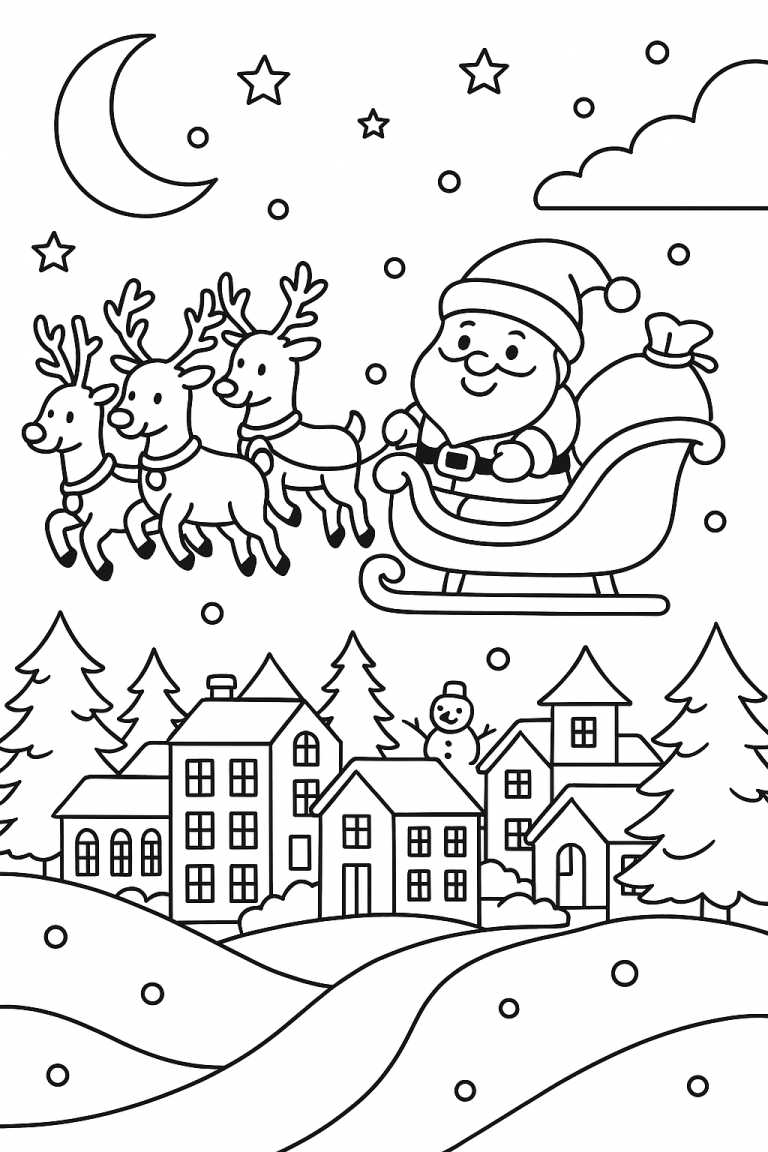 Santa Claus flying in sleigh with reindeer over village