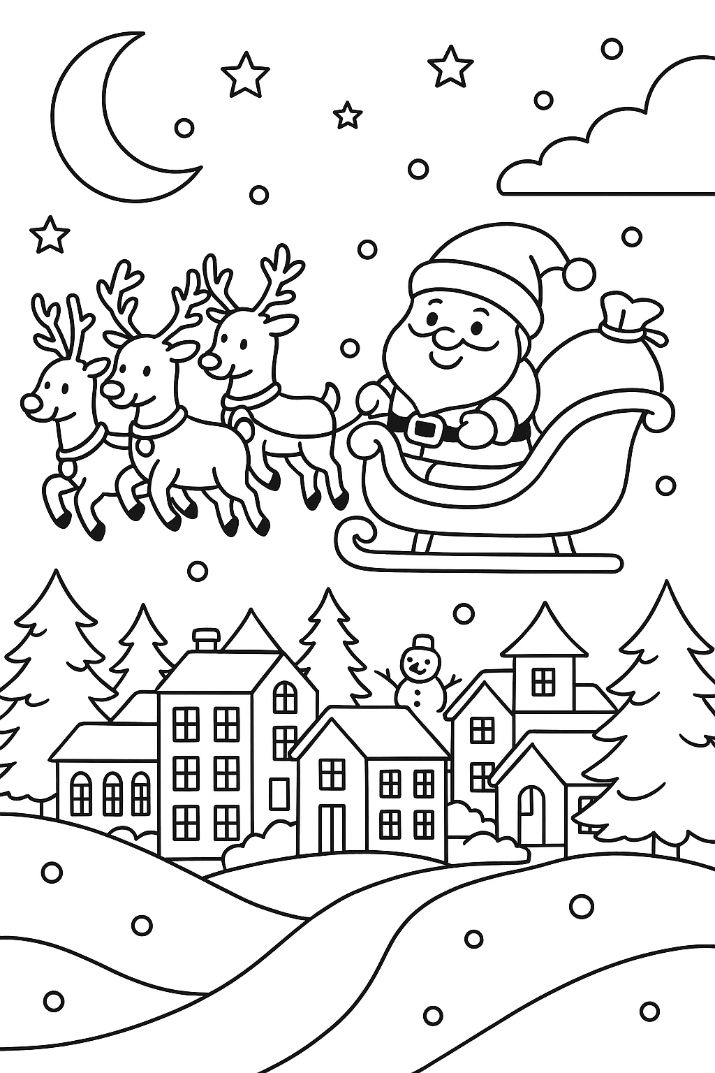 Santa Claus flying in sleigh with reindeer over village