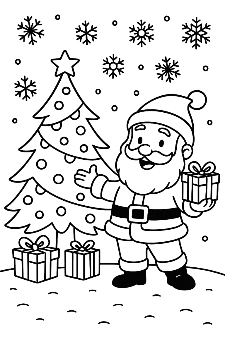 Santa Claus with gifts and Christmas tree