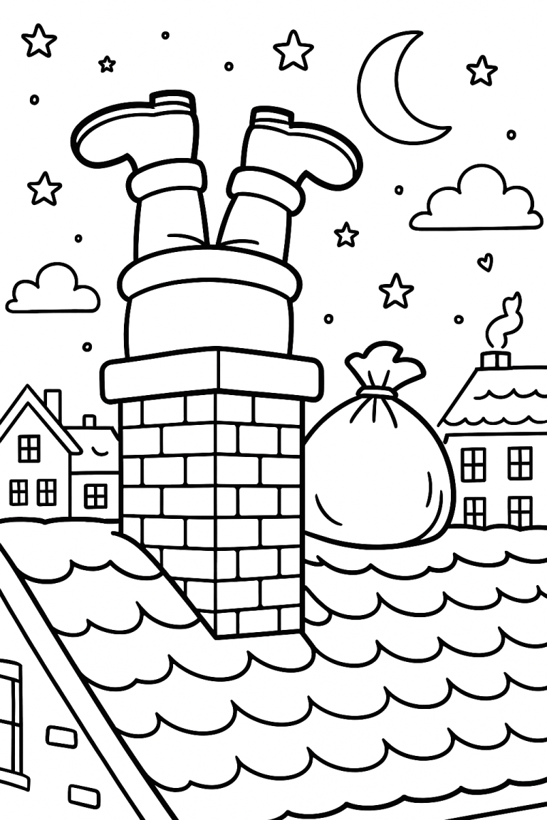 Coloring page of Santa stuck in chimney
