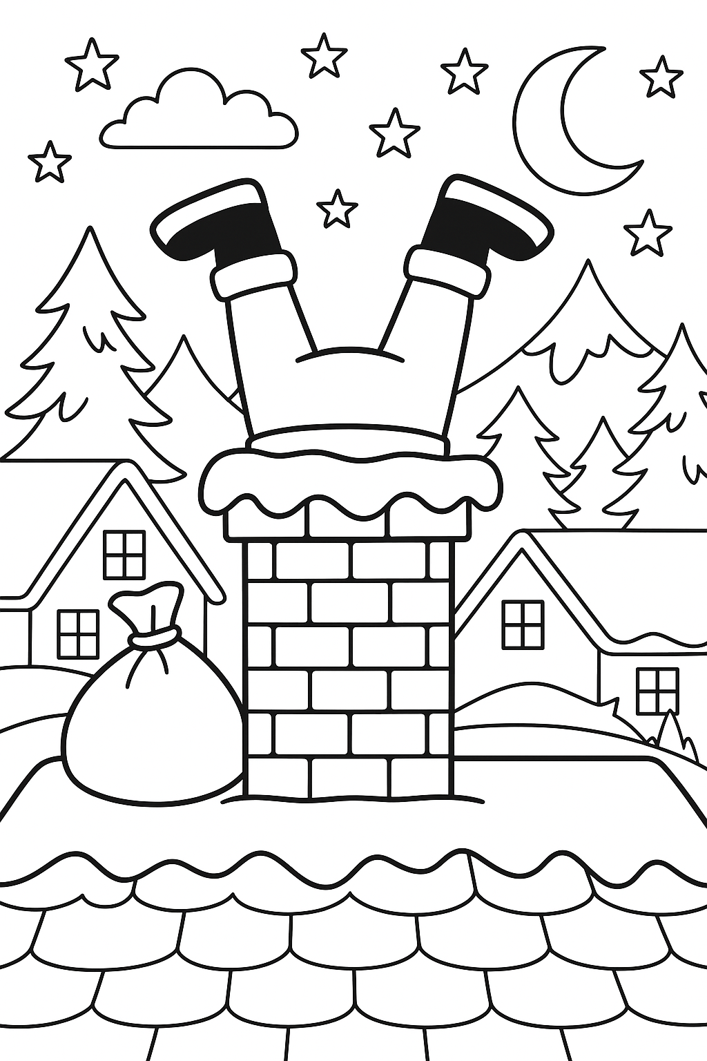 Santa stuck in a chimney coloring page