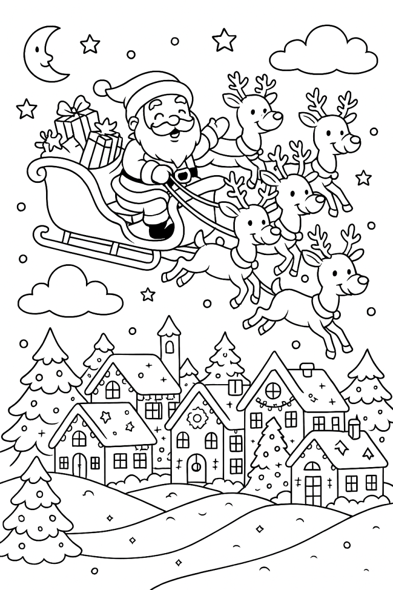 Santa Claus flying in a sleigh with reindeer over a village.