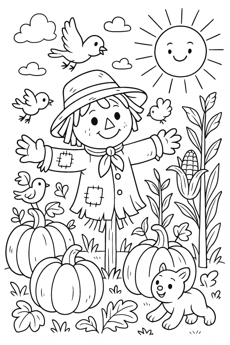 Scarecrow with pumpkins, birds, and a sun