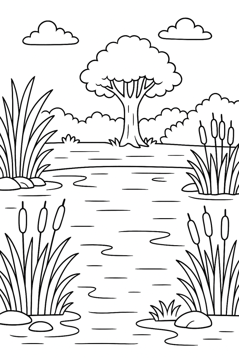 A scenic landscape coloring page with a pond and trees