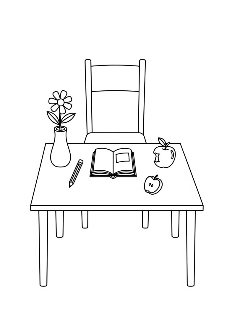 Coloring page of a school desk with a book and apple