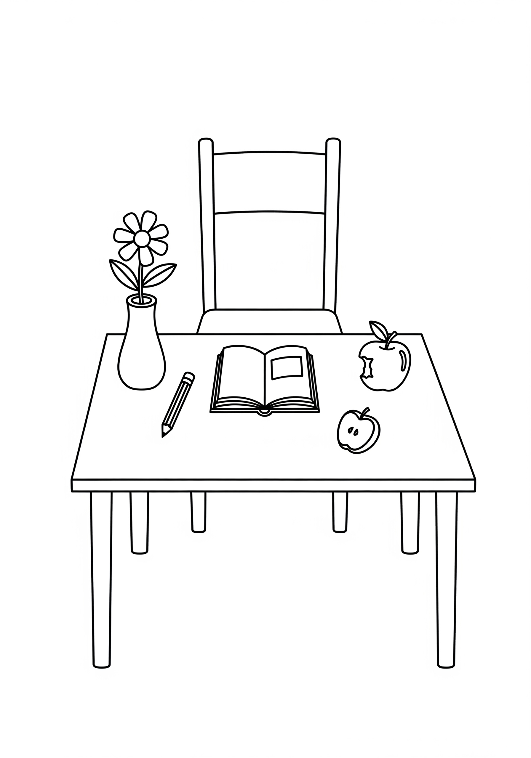 Coloring page of a school desk with a book and apple
