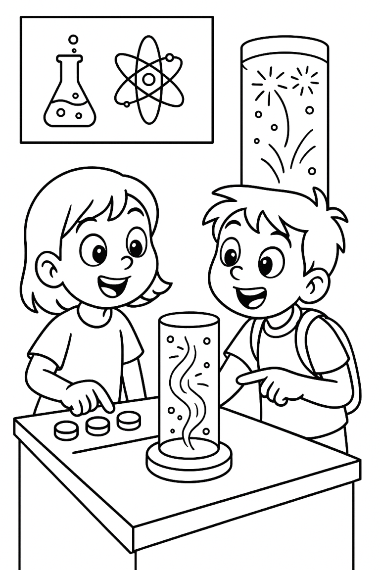 Children conducting a science experiment coloring page