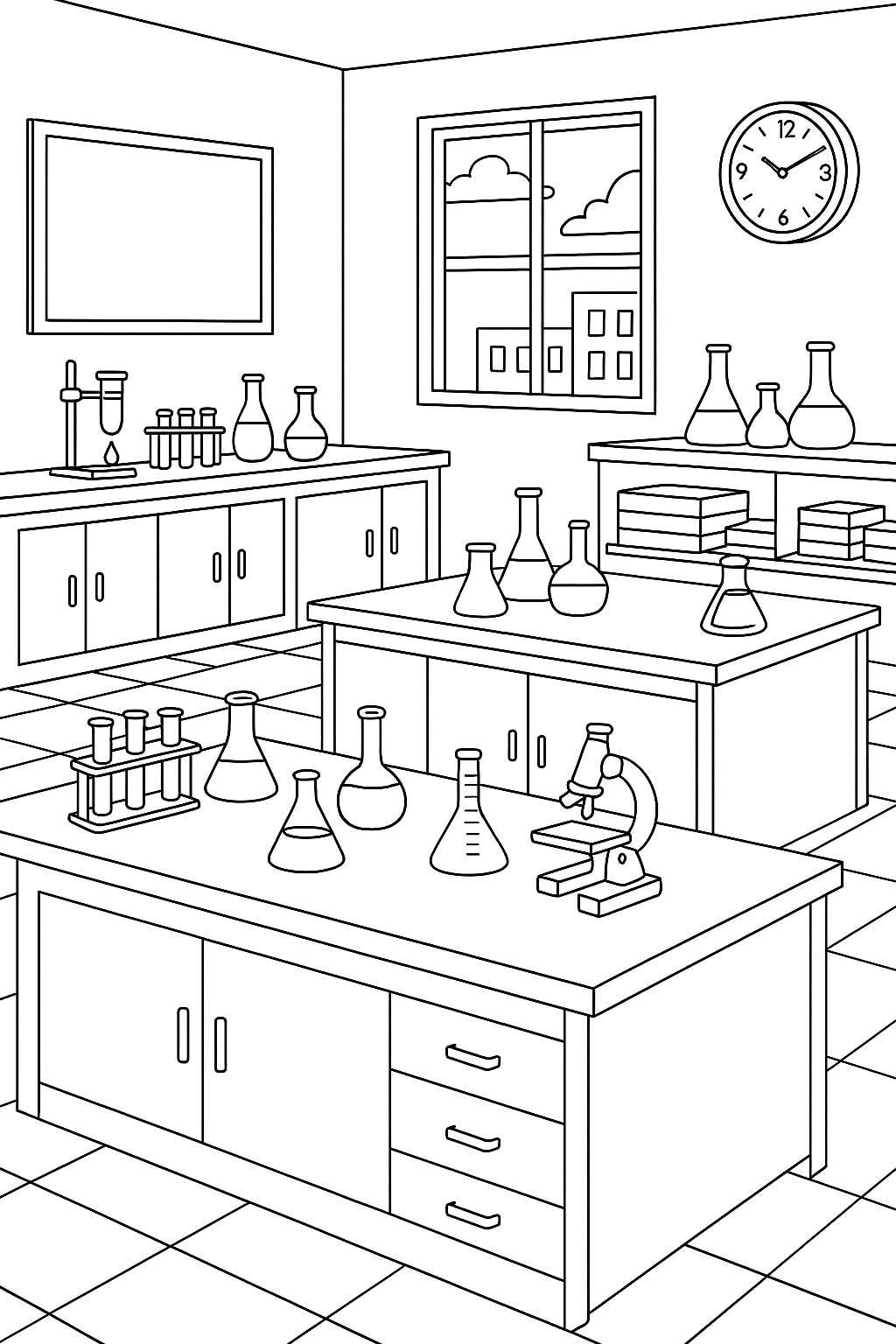 Children's coloring page of a science lab with various lab equipment.