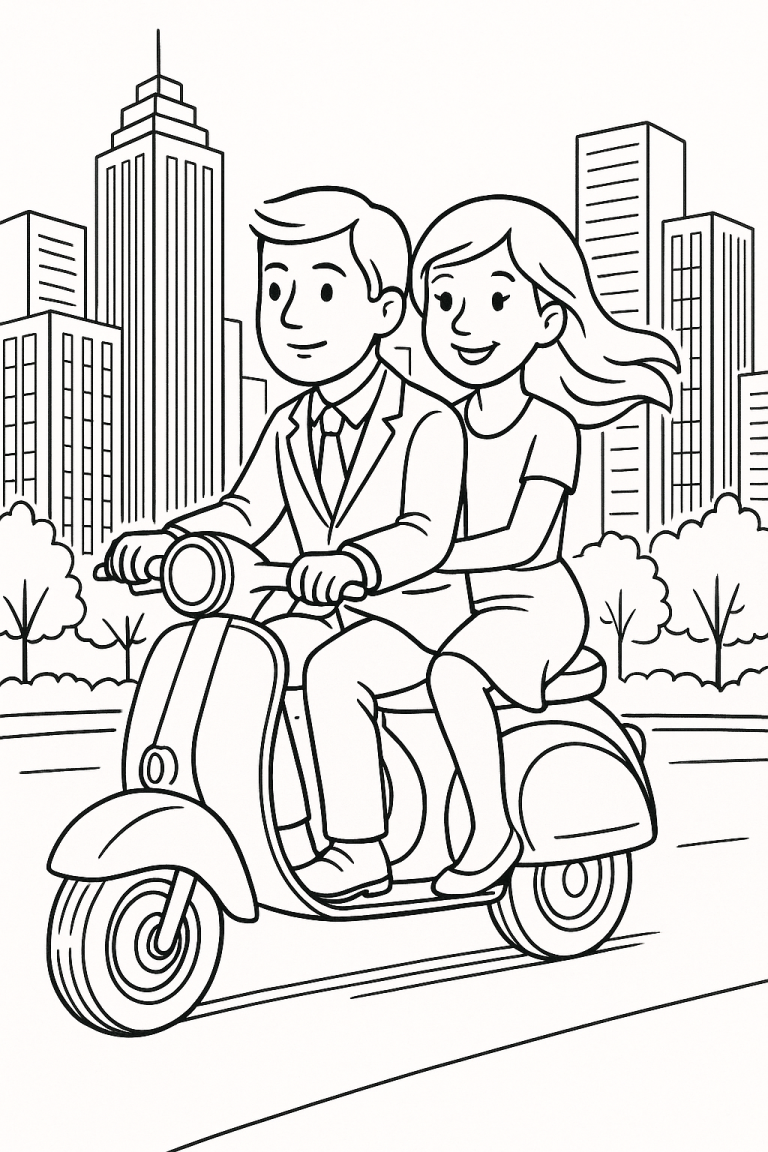 Children riding a scooter through the city in a coloring page